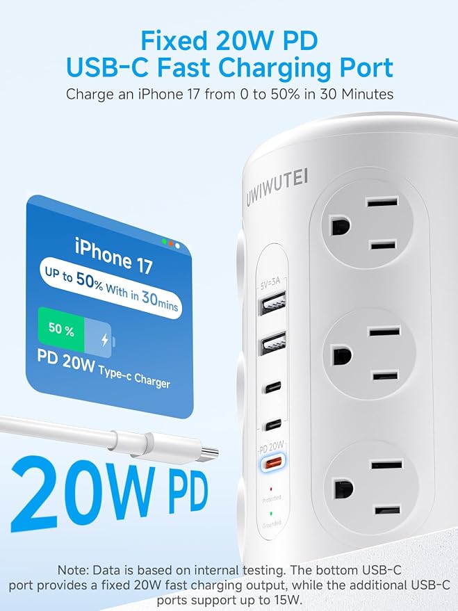 Tower Power Strip Surge Protector with Wireless Charging & Night Light - PD20W Fast Charging Station,12 Outlets, 5 USB (3 USB-C),1800J Protection, 6FT Extension Cord, Home Office Essentials(White)