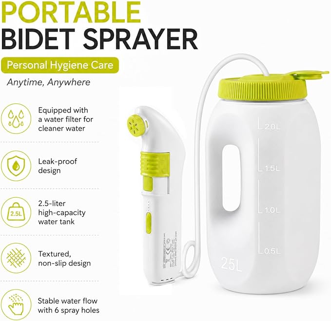Portable Bidet for Travel – Electric High Pressure Rechargeable Bidet for Women & Men, 2.5L Bottle, 1600mAh Battery, 1300ML/min Strong Flow, Waterproof Personal Hygiene Sprayer for Travel & Home