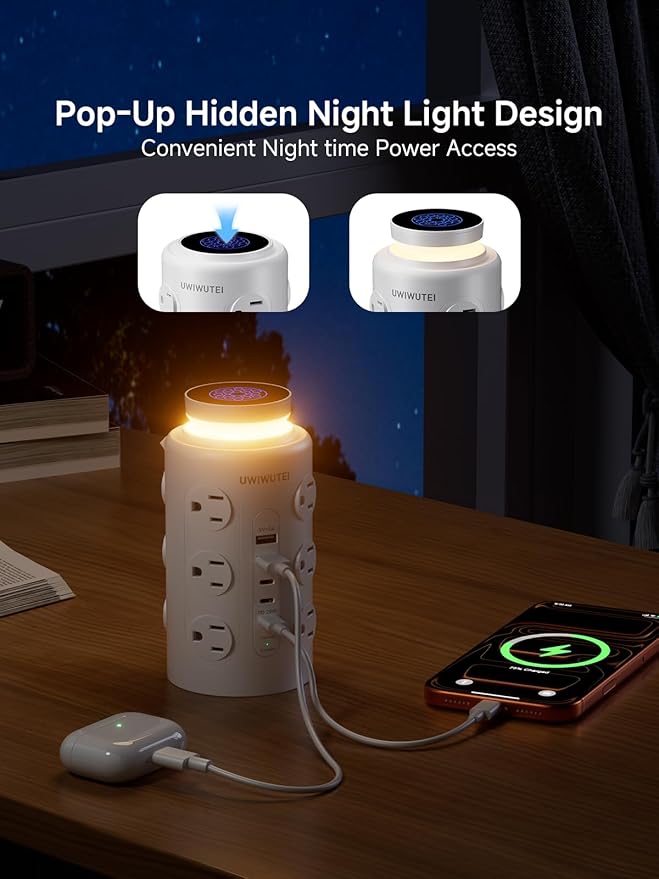 Tower Power Strip Surge Protector with Wireless Charging & Night Light - PD20W Fast Charging Station,12 Outlets, 5 USB (3 USB-C),1800J Protection, 6FT Extension Cord, Home Office Essentials(White)