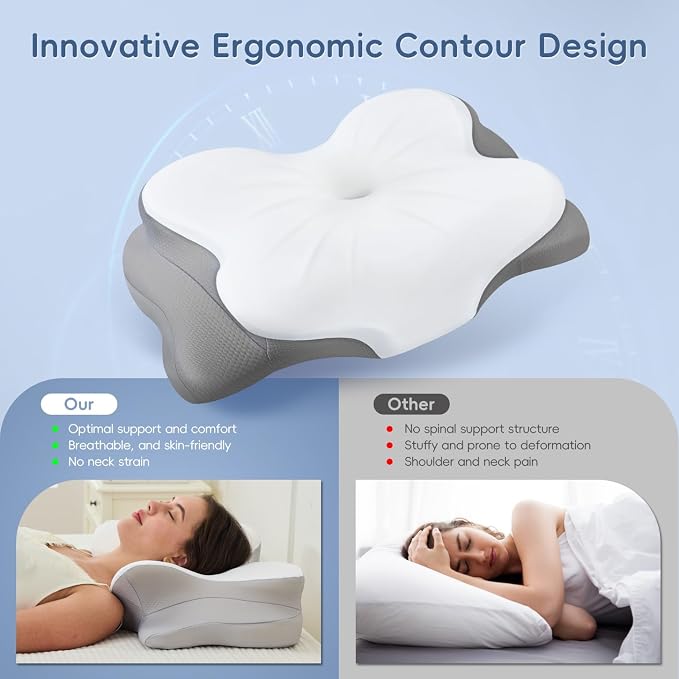 Cervical Neck Pillow, Ergonomic Memory Foam Pillow for Neck Pain Relief with Dual-Height Design, Breathable Cover, Neck Support for Side Back & Stomach Sleepers, Odorless White 1 pcs