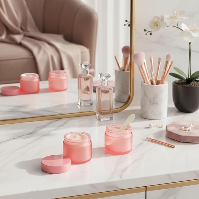 Domensi 60 Pcs 1oz Glass Jars with Lids Bulk Small Glass Salve Tins Cream Container Cosmetic Jars for Travel Balm with Inner Liners for Sample Cream (Pink,Pink Lids,Plastic Lid)