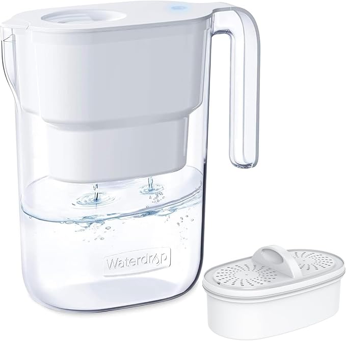 Waterdrop PT-05W Water Filter Pitcher, 7-Cup Capacity, NSF Certified, 5X Longer Filter Life, Up to 200 Gallons, for Fridge, Countertop, and Gift Giving, Reduces PFOA/PFOS, Chlorine, White