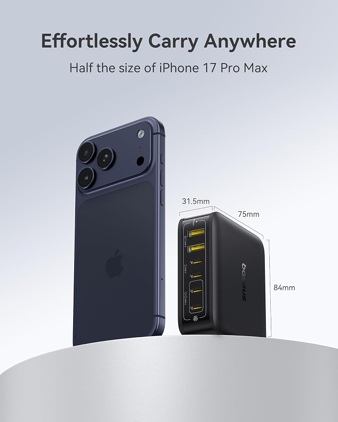 Baseus Charging Station 120W, 6-in-1 USB-C PD Fast Charging Desktop Charger with 5ft Extension Cord, 4 USB C, 2 USB A Ports, Travel Power Strip for iPhone 17/16, iPad Pro, MacBook Pro, Tablet and More