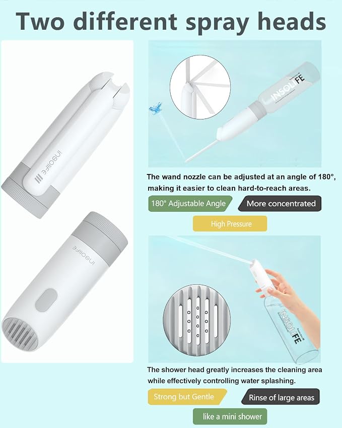 Insolife® Portable Bidet | High Pressure Travel Bidet 350ml | 2 Pressure Modes, IPX7 Waterproof, USB Rechargeable Personal Hygiene on Trip & Daily Use