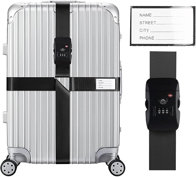 Veki Cross Luggage Straps Set TSA Approved with Lock Adjustable Travel Suitcase Belts Suitcase Tags with Name ID Card Packing Straps for Suitcases Strap Travel Accessories (Black, 1pcs)