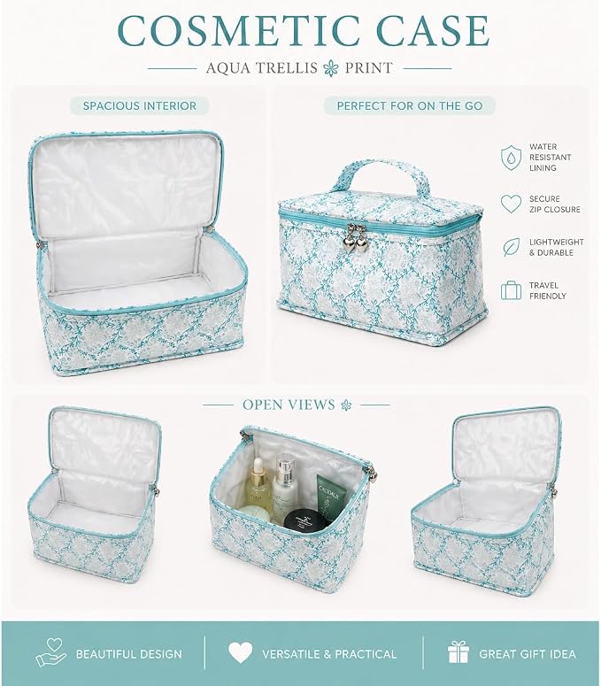 Jacaranda Living Vanity Bag/Train Case - Water-Resistant, PVC-Lined, Easy to Clean, Compact & Travel Ready Makeup Organizer - Aqua Trellis Print