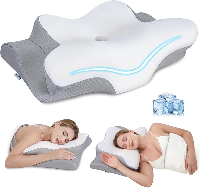Cervical Neck Pillow, Memory Foam Pillows for Neck and Shoulder Pain Relief, 2 Heights Ergonomic Pillow with Breathable Ice Silk Cover, Neck Support Pillow for Side Sleepers White