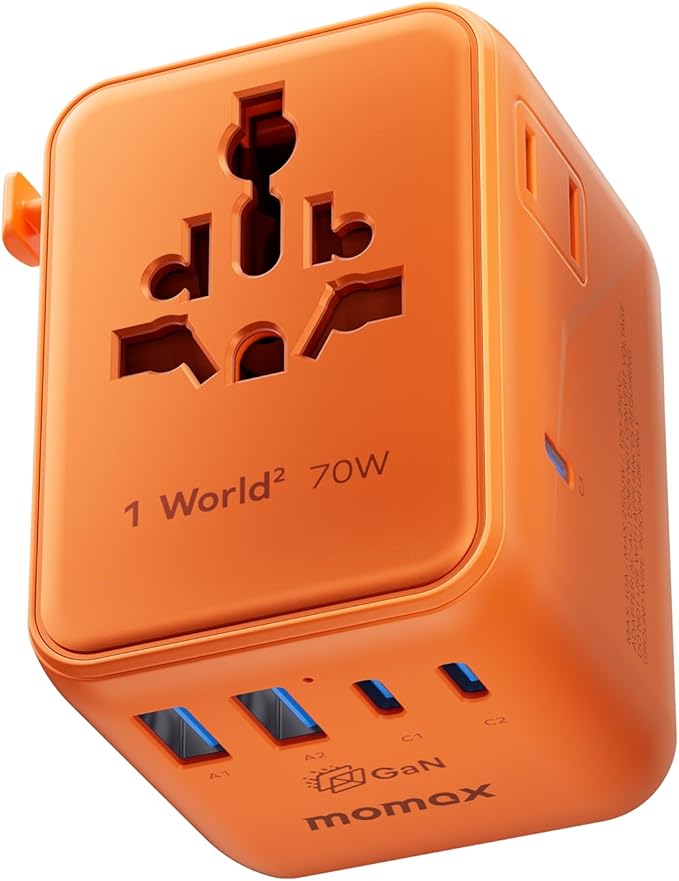 MOMAX Mini 7-in-1 Universal Travel Adapter, GaN 70W Dual AC, 3 USB-C PD & 2 USB-A QC, International Power Charger for 200+ Countries – Compact Travel Adapter for Laptop, Phone, UK/AUS/EU/JP Plug