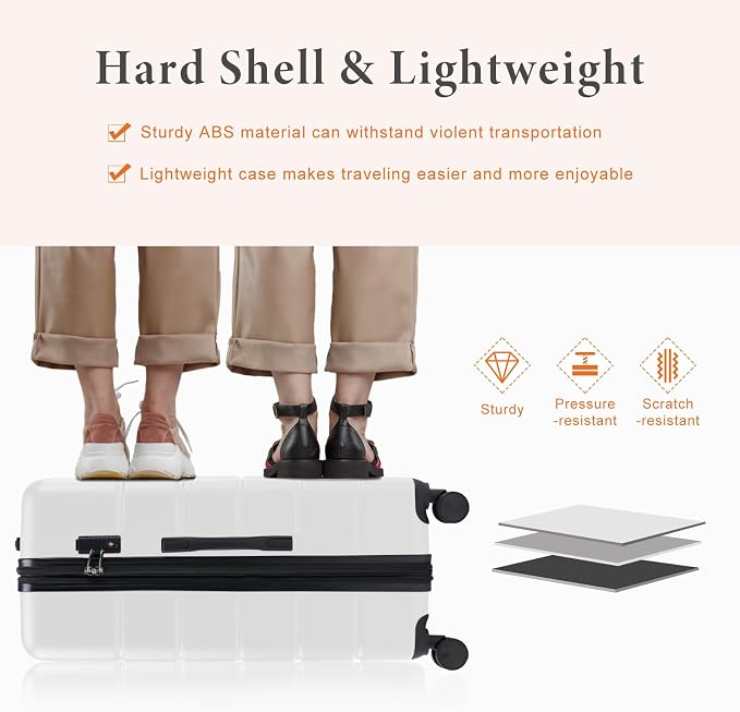 Sweetcrispy 28 Inch Checked Luggage, ABS Lightweight Rolling Hard Shell Suitcase with Smooth Spinner Wheels, Built-in TSA Lock, Durable Travel Suitcase for Business and Vacation Trip, White