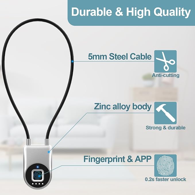 Fingerprint Cable Lock, 6" Long Cable Smart Padlock with Fingerprint Bluetooth APP, Keyless Biometric Waterproof Outdoor Gate Lock for Refrigerator French Door Fence Backyard Pantry