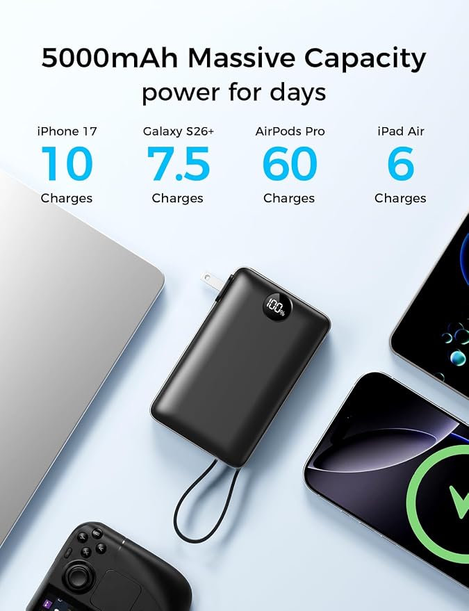 Portable Charger Power Bank 50000mAh Massive Capacity, Built-in Wall Plug USB-C & iOS Cables, 22.5W Fast Charging Battery Pack with LED Display, Travel Essential for Camping, iPhone, Samsung Black