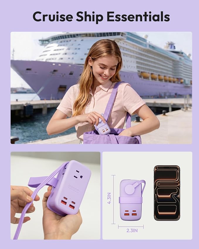 NTONPOWER GAN Ultra 65W USB Fast Charging Station, 7 in 1 Travel Power Strip with 3 Outlets 4 USB (2 USB C), Extension Cord 4ft, Cruise Essentials Compatible with MacBook, iPhone,Purple