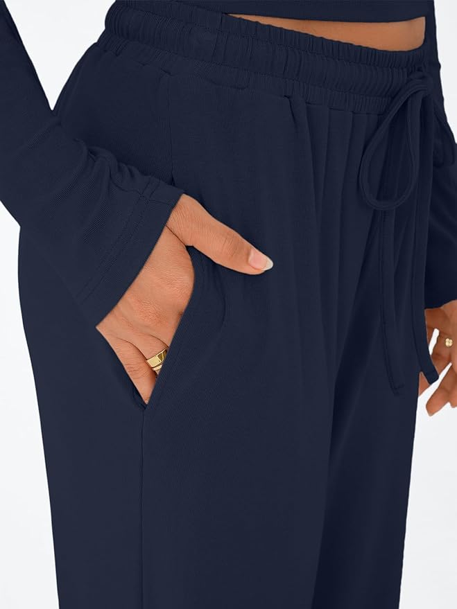 Trendy Queen Women's 2 Piece Matching Lounge Set Long Sleeve Side Ruching Top Wide Leg Drawstring Pants Set with Pockets