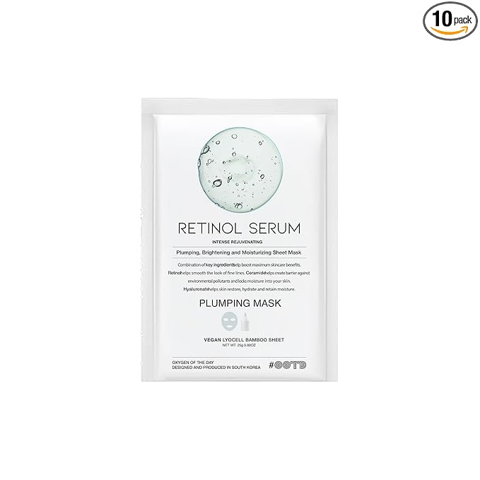 Rejuvenating Retinol Sheet Mask Korean Vegan Wrinkle Lifting, Plumping and Moisturizing Sheet Mask, Retinol, Ceramide, Hyaluronate 10EA
