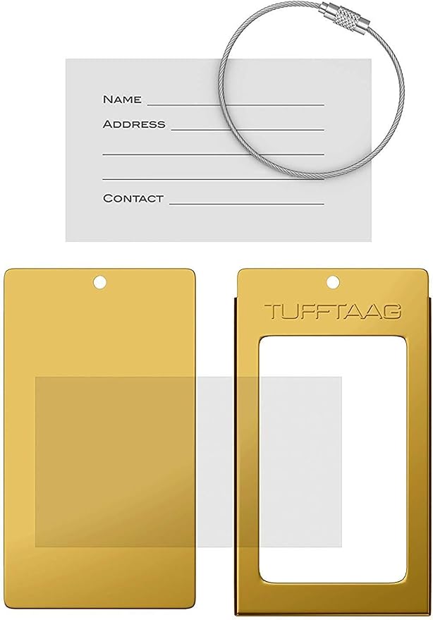 Luggage Tags Business Card Holder by TUFFTAAG - Durable Travel ID Bag Tag, Gold Aluminum, 2 Tags