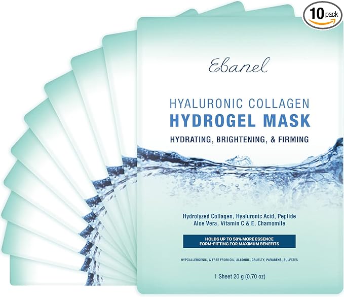 Ebanel 10 Pack Hydrogel Collagen Face Mask with Hyaluronic Acid, Vitamin C, Peptide, Aloe, Instant Brightening Hydrating Face Masks Skincare Korean Sheet Mask, Skin Firming, Lifting Anti Aging Masks