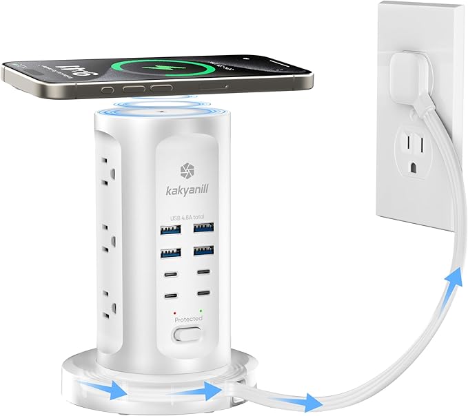 Kakyanill 30W USB Charging Station, Power Strip Tower, 9 AC Outlets with 8 USB Ports(4 USB-C), 6Ft Flat Plug Retractable Extension Cord, for Home Office Dorm, White