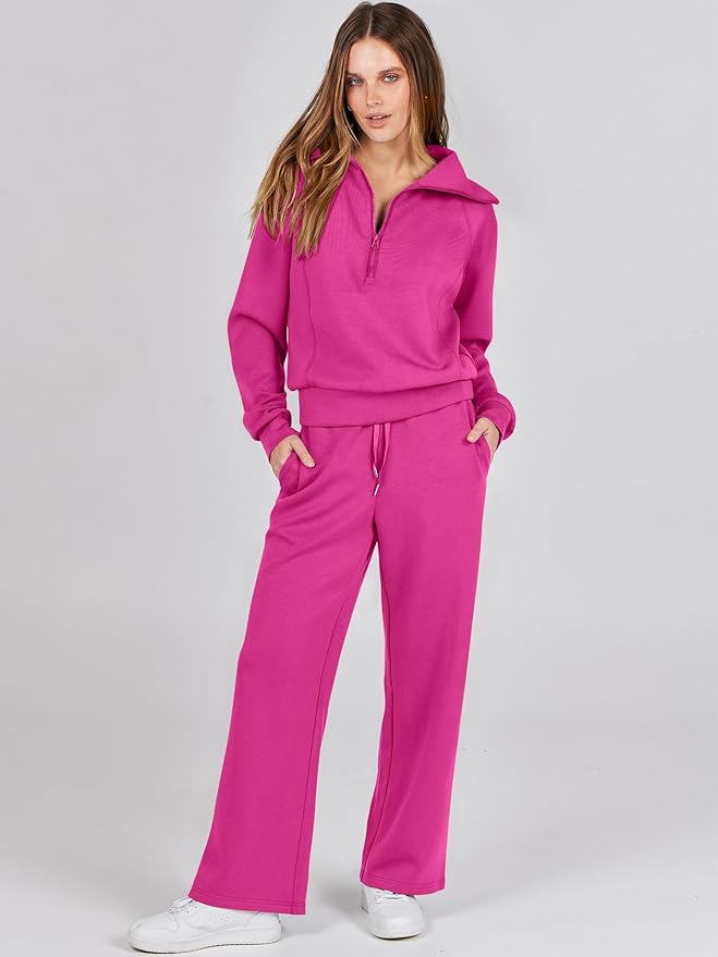 ANRABESS Women’s 2 Piece Outfits Half Zip Sweatshirt & Wide Leg Pants Airport Travel Lounge Matching Sets Sweatsuits Clothing