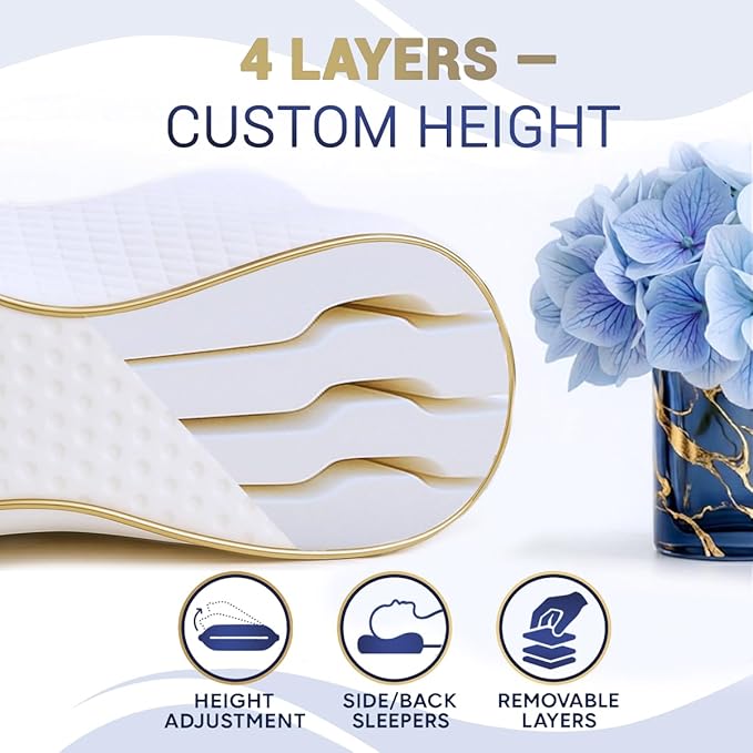 Cervical Memory Foam Pillow – 4-Layer Adjustable King Size Contour Design for Side Sleepers, Neck Support & Pain Relief, Orthopedic, CertiPUR-US Certified