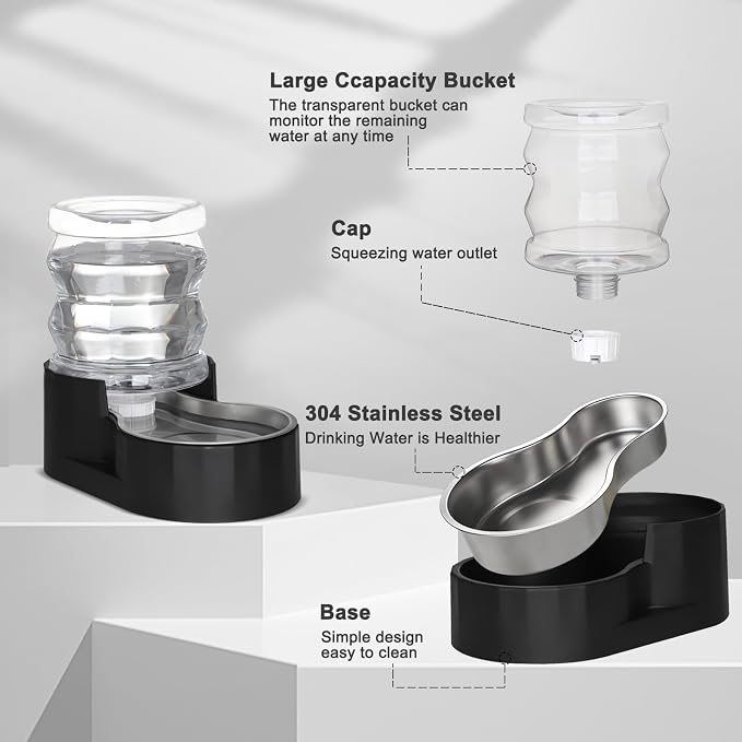 RIZZARI 4L Pet Water Dispenser with Stainless Steel Bowl for Cats | No Filter Required,Leak-Resistant Design,Easy to Refill,Easy to Clean,Stable Anti-Tip Base,Food-Grade Materials