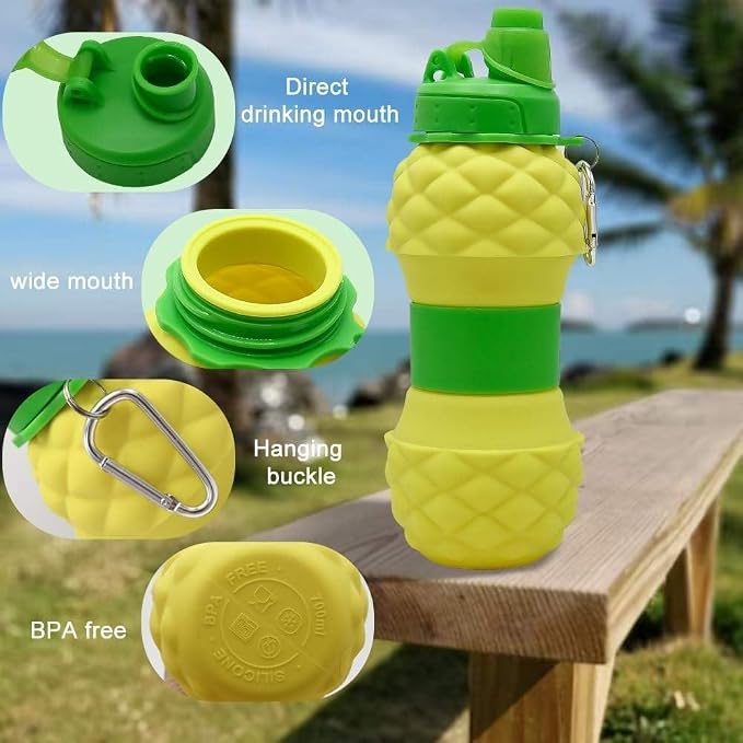 Collapsible Silicone Water Bottle || 600 ML Folding Water Bottle With Straw And Hook || Portable Water Bottle For Hiking, Camping, Sports, Road Trips, Outdoor (Pack Of 1) (Pineapple Shape)