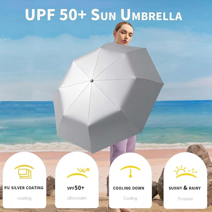 SIEPASA Compact Travel Umbrella - Windproof Auto Open/Close, Small Folding Umbrella for Rain & Sun with UPF50+ - Lightweight Frame, Waterproof - Fits Backpack, Purse, Suitcase.(Silver/Black)