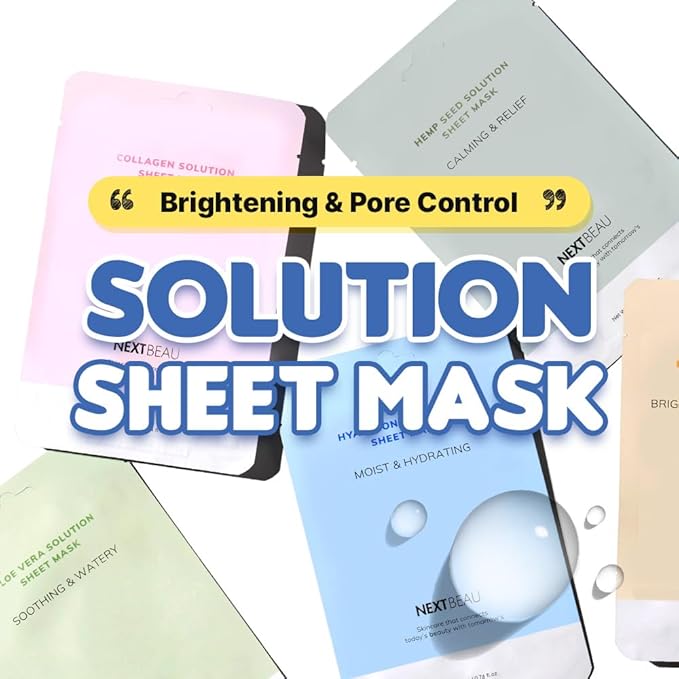 NEXTBEAU [PACK OF 20 Solution Sheet Mask Pack 5types x 4pc Aloe, Niacinamide, Collagen, Hemp seed, Hyaluronic Acid
