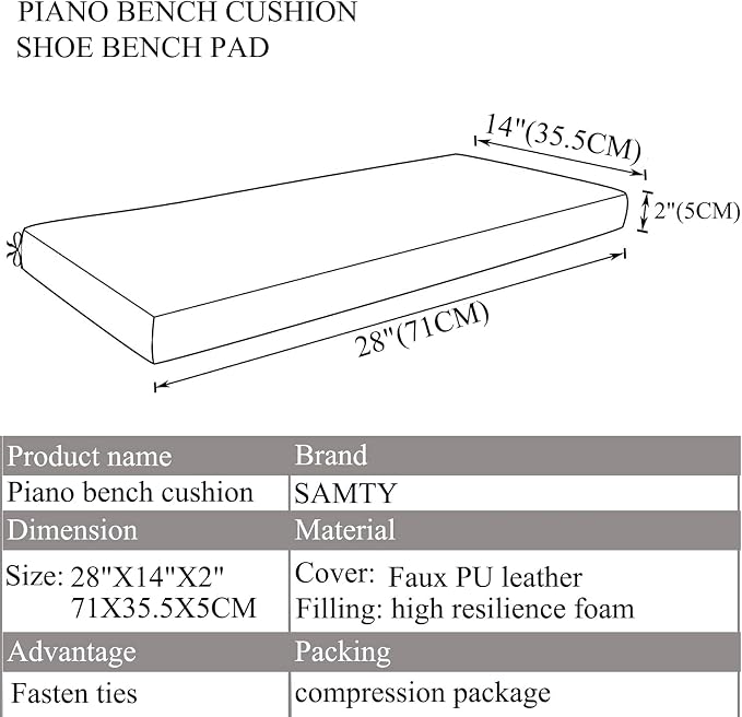 SAMTY Waterproof Faux PU Leather Piano Bench Cushions with Ties for Kids Wooden Shoe Stool Pad 28"X 14" inch, Red