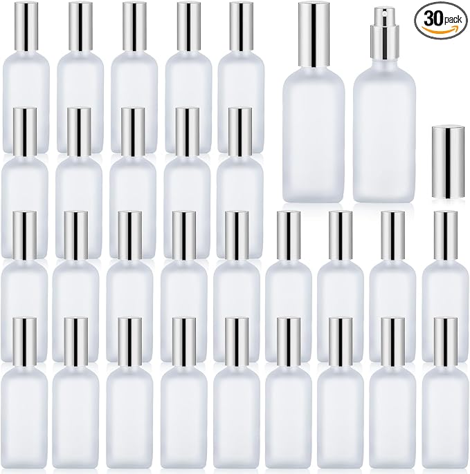 30 Pcs Glass Spray Bottle, 3.4 oz/100 ml Frosted Glass Spray Bottles, Perfume Empty Bottles, Refillable Container for Perfume, Clear Bottle with Sliver Fine Mist Sprayer for Face Body Travel