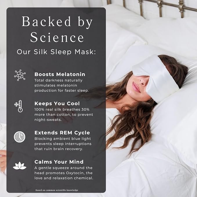 QUIET COVE Plush Luxury Silk Sleep Mask - Sleep Comfortably on Your Side - 22 Momme Mulberry Silk, Total Blackout, Luxe Cloud Filling Soothes Your Eyelids - Luxury Gift (Pearl White)