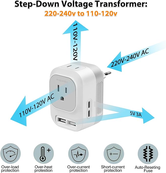 220V to 110V Voltage Converter US to Europe with 2 USB A & 2 USB C Ports Fast Charging, Power Converter for European Travel International Universal Travel Adapter for Italy Germany Spain France
