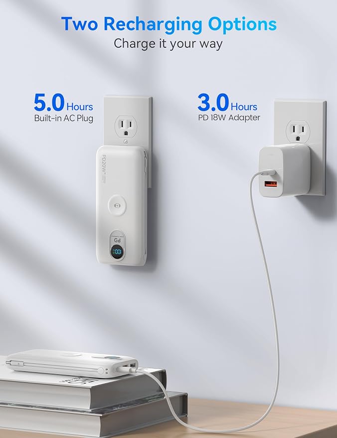 Portable Charger, 10000mAh 20W Fast Charging Power Bank with Built in Cables & AC Wall Plug & LED Display, Travel Essentials Battery Pack Powerbank for iPhone, iPad, iWatch, Samsung, White