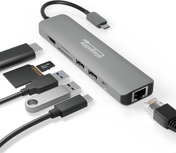 Plugable 7-in-1 USB C Hub Driverless Multiport Adapter with Ethernet, Single 4K60Hz HDMI, 100W Pass-Through Charging, 2X USB 3.0, SD/microSD, for USB-C, USB4, Thunderbolt, Mac, Windows, Chromebook