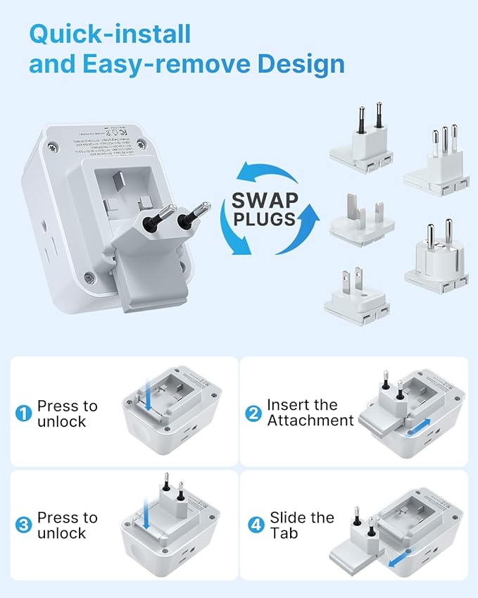 European Travel Plug Adapter Kit, VINTAR International Power Adapter for Apple Watch Charger with 3 AC Outlets 4 USB Ports (2 USB C), Type A/C/G/E/F/L Detachable Plugs, US to Europe UK Italy Spain