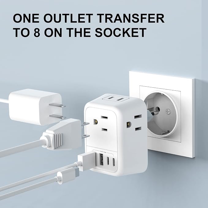 VYLEE Travel Adapter with 4 AC Outlets and 4 USB Ports - European Foldable International Power Adapter, Type C Plug Adapter Travel Essentials to Most Europe EU Spain Italy France Germany [1 Pack]