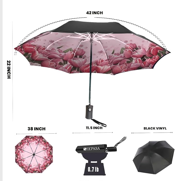 SIEPASA Compact Travel Umbrella - Windproof Auto Open/Close, Small Folding Umbrella for Rain & Sun with UPF50+ - Lightweight Frame, Waterproof - Fits Backpack, Purse, Suitcase.(Tulip)