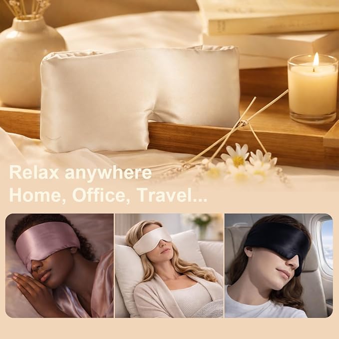 100% Pure Mulberry Silk Sleep Mask – Luxury Ultra Soft Light Blocking Eye Mask with Face-Hugging Fit & Adjustable Strap for Deep Sleep, Travel & Relaxation (Black)