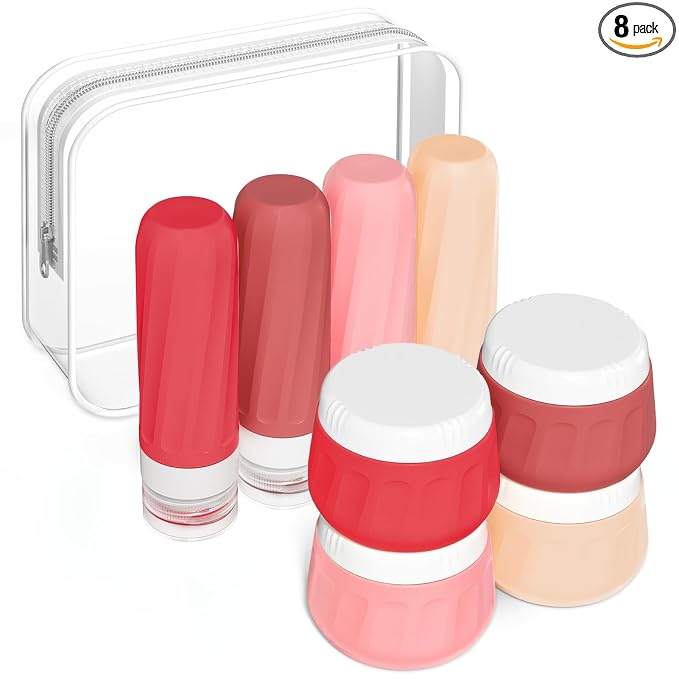 Mrsdry Travel Size Toiletries 8 Pack, TSA Approved 3oz Silicone Squeeze Bottles & Cream Jars with Clear Travel Bag