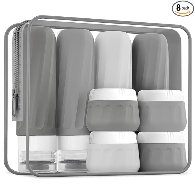 Mrsdry Travel Bottles for Toiletries 8 Pack, TSA Approved Travel Size Containers 3oz, Leak Proof Silicone Squeezable Creams Jars with Clear Travel Bag