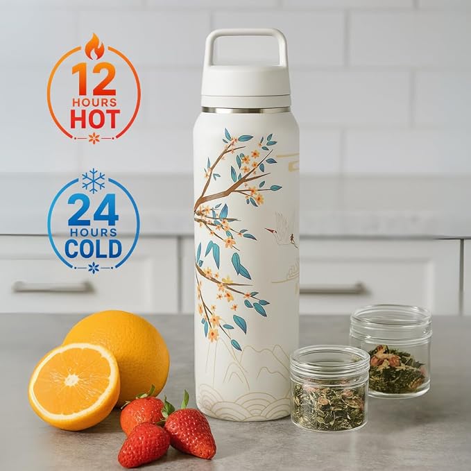 Farasi Tea Infuser Bottle for Loose Leaf Tea Insulated Stainless Steel Water Bottle Tumbler - Coffee, Fruit, Portable Infuser Bottle - Leakproof Built In Handle White Floral 24 oz