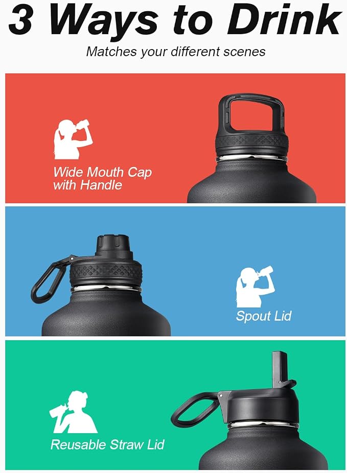 64 oz Water Bottle Insulated with Straw & 3 Lids, Coolflask Large Metal Stainless Steel Water Jug Big Half Gallon Wide Mouth for Sports, Gym or Office, Non-BPA Keep Cold 48H Hot 24H, Magic Black