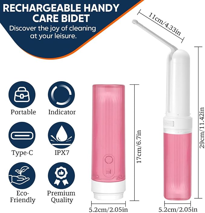 ( 180ml ) PureStream Portable Bidet for Travel – USB-C Rechargeable Handheld Sprayer with Bottle Adapter, 180° Foldable Nozzle, Adjustable Pressure Modes, Waterproof, for Men and Women ( Pink )