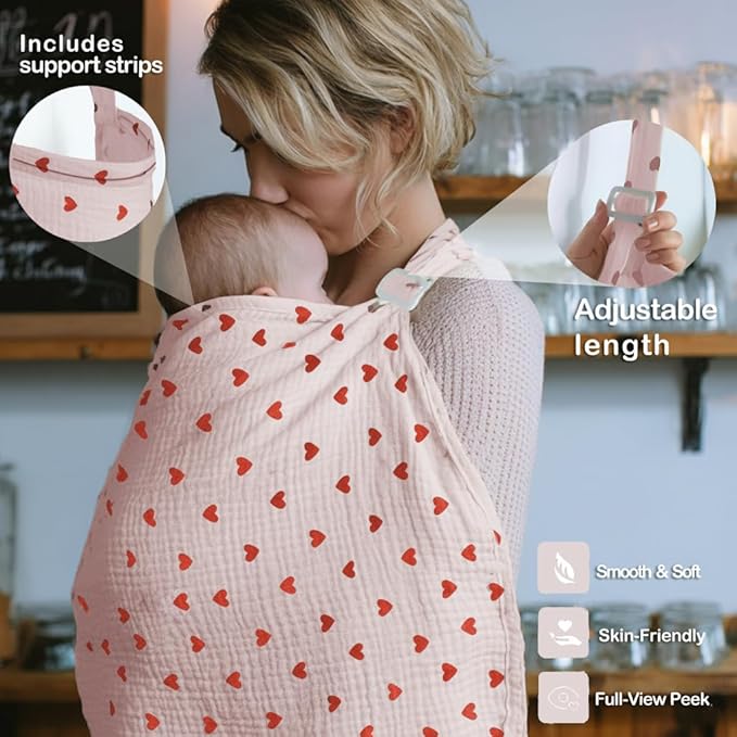Muslin Nursing Covers for Breastfeeding, Arch Neckline Breast Feeding Covers for Women, Moms Privacy Breathable Summer Nursing Apron,Enlarged Soft Feeding Cover (Blush Red Heart)