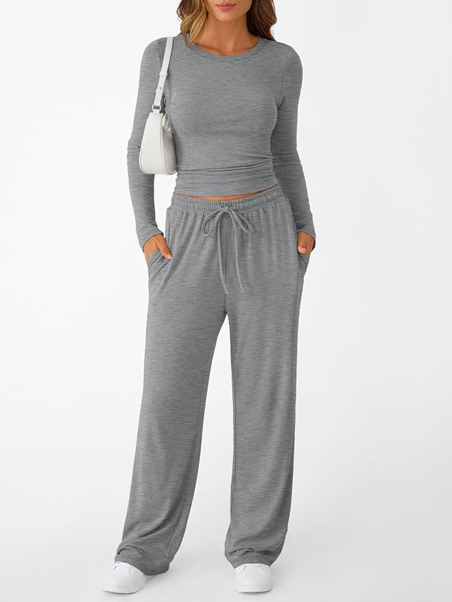 Trendy Queen Women's 2 Piece Matching Lounge Set Long Sleeve Side Ruching Top Wide Leg Drawstring Pants Set with Pockets