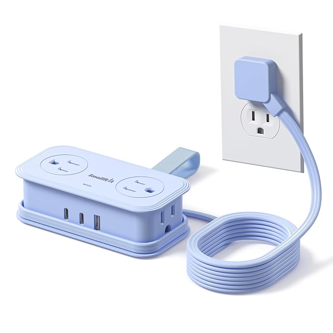 Travel Power Strip, SMALLRT Extension Cord with Multiple Outlets, 6.5FT Wrapped Extension Flat Plug Power Strip with 4 AC Outlets for Travel, Hotel, Cruise Approved, No Surge Protection, Blue