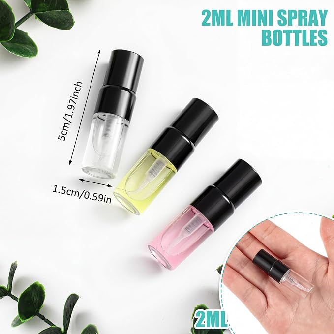 Zhehao 100 Pcs Mini Spray Bottles 2 ml Clear Glass Perfume Bottles Refillable Fine Mist Perfume Atomizer Portable Empty Sample Containers for Cleaning, Essential Oils, Travel (Black Cap)