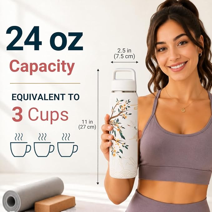 Farasi Tea Infuser Bottle for Loose Leaf Tea Insulated Stainless Steel Water Bottle Tumbler - Coffee, Fruit, Portable Infuser Bottle - Leakproof Built In Handle White Floral 24 oz