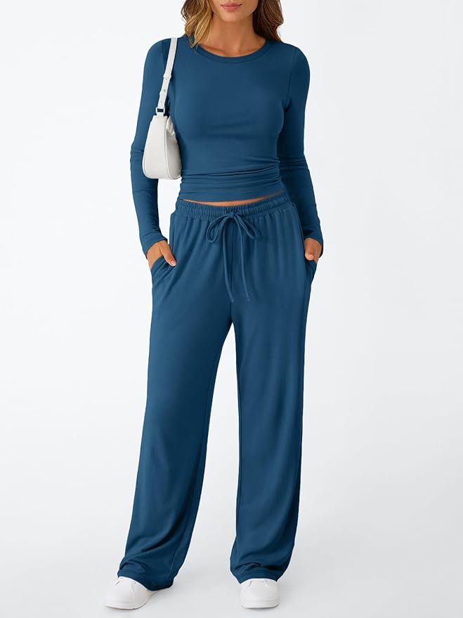 Trendy Queen Women's 2 Piece Matching Lounge Set Long Sleeve Side Ruching Top Wide Leg Drawstring Pants Set with Pockets
