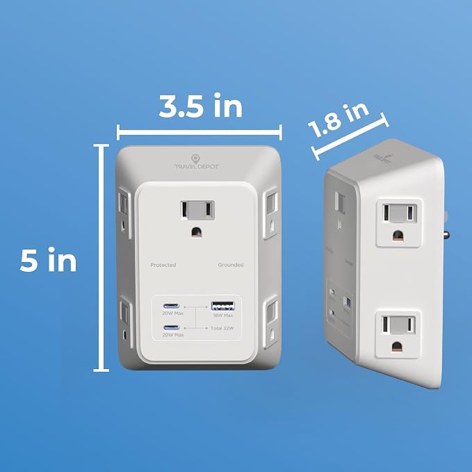 Travel Depot PD USB Wall Charger Surge Protector, 5 Outlet Extender 2 USB C & 1 USBA Charging Ports, Fast Charge 3 Sided Power Strip Multi Plug Outlets Wall Adapter for Home Office, ETL Listed (White)