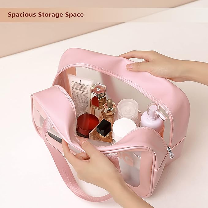 DAPOWER Travel Toiletry Bag for Women, Matte Translucent Toiletry Bag with Handy Handle, Makeup Cosmetic Organizer Bag for Travel Toiletries Accessories (Pink)